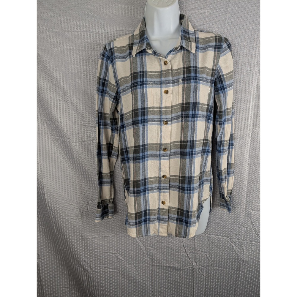 Vans Off The Wall Womens Small Plaid Flannel Shirt Blue Cream Long Sleeve Button
